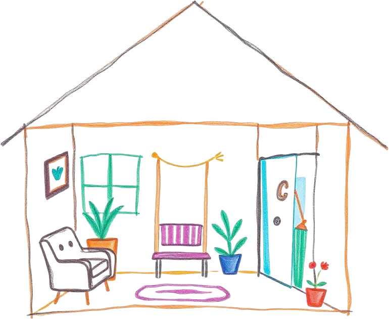 Ilustração de ambiente claro e acolhedor, com janela ampla, plantas e assentos macios